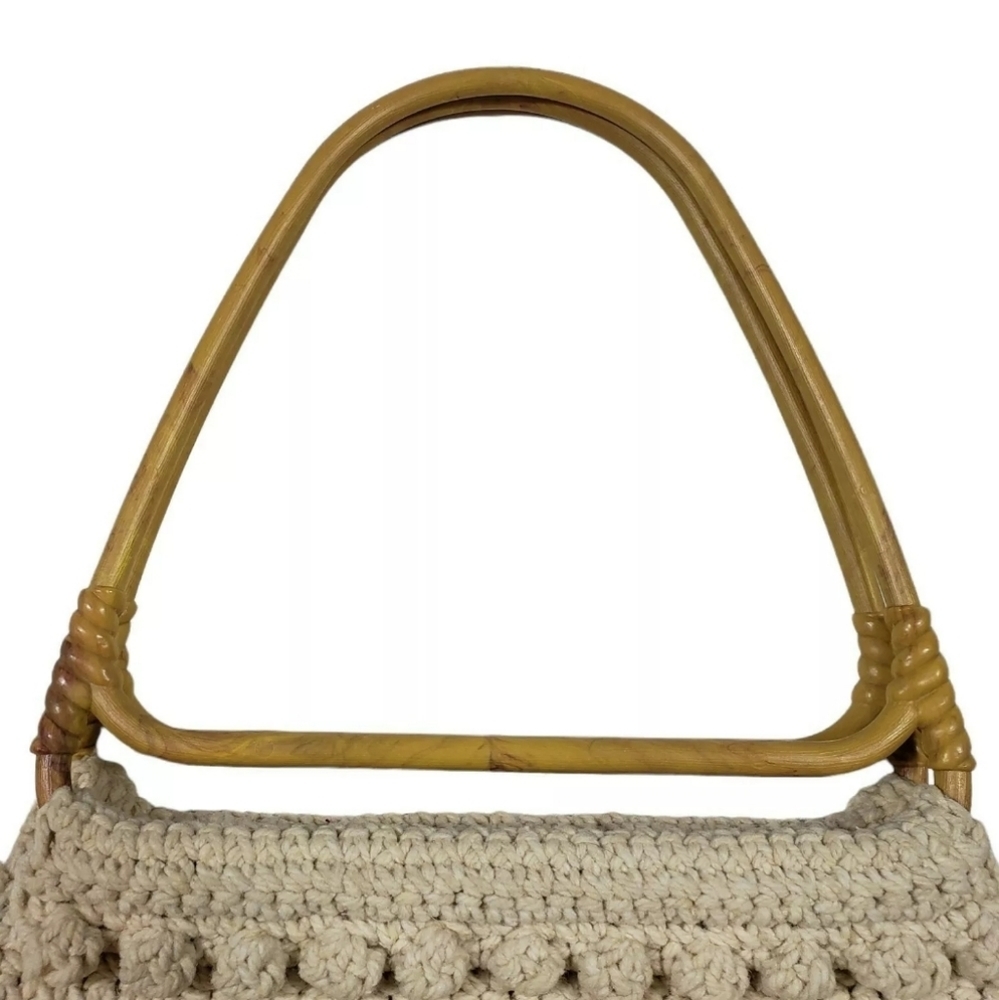 Neutral Beige 3D Crochet Knit Purse Wood Look Handles Lined Boho Nubby Handbag - Picture 3 of 9